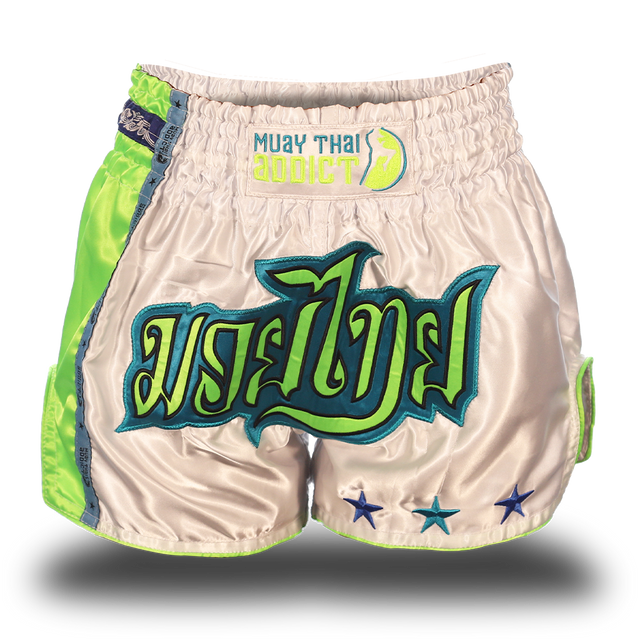 White and Neon Green Single Panel Stars Muay Thai Shorts
