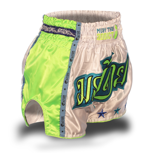 White and Neon Green Single Panel Stars Muay Thai Shorts